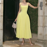 GETADME 2025 Women's Clothing Summer Square Collar Sleeveless Ruched Hem A-line Dresses Elegant Solid High Waist Long Vestidos