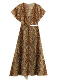 GETADME KAOPU ZA Women front slit cut-out animal print ruffled midi dress vintage v-neck short sleeves female dresses vestidos mujer