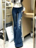 GETADME 2026 Mid Rise Retro Rose Embroidered Micro Flared Denim Pants Female Summer Hot Girls, Slim Fit And Slimming, Flared Floor Pants
