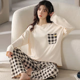 GETADME Autumn and Winter Models of Women's Long-Sleeved Pajamas Homewear Suit Korean Version of the Simple Leisure Pajamas Homewear