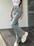 GETADME Korean Streetwear Casual Wide Leg Trousers Y2K Vintage High Waist Flare Jeans Women Fashion Bandage Slit Slim Denim Pants Summer