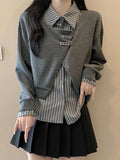 GETADME Fashion Vintage Design Hoodies Fake Two Piece Patchwork Striped Turn Down Collar Sweatshirts Spring Autumn 2025 Women's Clothing