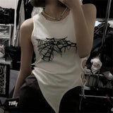 GETADME Summer Spider Web Print Tank Tops Aesthetic Hollow Out Bandage Punk Vest Irregular Women Causal Basic Y2k Streetwear Crop Top