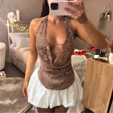 GETADME Sexy Glitter Sequin Tank Tops Women Y2K Fashion Deep V-neck Hollow Out Cropped Tops Tee Summer New Backless Beach Tops