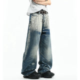 GETADME Men's Hole Design Punk Style Jeans Casual Pants Wide Legs Y2k Sweatpants High Waist Denim Trousers