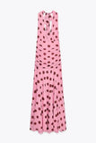GETADME Pink Chiffon Polka Dot Printing Halter Maxi Dress Women Elegant Sleeveless Backless Skinny Pleated Robe Beach Evening Party Gown