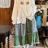 Mori Girl Pastoral Style Vintage Floral Cotton Linen Long Skirts for Women Loose Casual Elastic Waist Lace Edge Cute Green Skirt