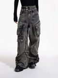 GETADME Trashy Y2K 2000S Streetwear Vintage Grey Baggy Pleated Cargo Jeans Pants For Women Clothing Multi Pockets Wide Leg Lady Trousers