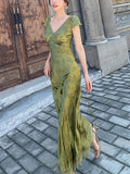 GETADME 2025 Summer Women's Long Dress Turquoise Green V-neck Backless Lace Satin Jacquard Slim Chic Elegant Evening Party Sexy Dresses