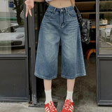 GETADME Summer American Style Vintage Women Baggy Jeans Y2k Loose Washed High Waist Knee Length Denim Pants Streetwear Wide Leg Shorts