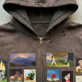 GETADME Y2K Retro Brown Washed Hoodie Pixel Paint Print Gallery Zipper Sweatshirt Trendy Distressed Streetwear Unisex Oversize Clothing