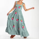 GETADME Women Cute Embroidered Maxi Dress Beach Dress Summer Boho Ruffle Long Dress Spaghetti Strap Flowy Maxi Dress