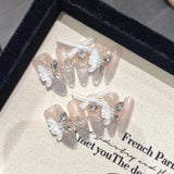 GETADME 10Pcs Reuse Finished Fake Nails with Butterfly Deisgn Pink Cat's Eye French Handmade Press on False Nails Wearable Nail Art Tips