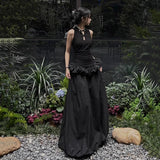 GETADME Vintage Black Long Dress Women Party Prom Ruffles Sleeveless Maxi Dresses Summer Y2K Gothic Patchwork Bodycon Vestidos New