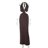 GETADME Sexy Halter Deep V Neck Sleeveless Women Maxi Hollow Out Backless Dresses Summer Elegant Holiday Party Maxi Slim Fit Robes