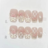 GETADME 10Pcs Sweet Mid-length Ballet False Nails Art Fashion Pink Cat Eye Lovely Bow Wearable Finished Nails Set Summer Acrylic Nails