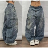 GETADME American New Fashion Geometric Pattern Embroidered Baggy Jeans Women Y2K Harajuku Vintage Hip-hop Popular Casual Wide-leg Pants