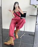 GETADME SM jeans womens 2025 Summer Preppy Style loose Girls Pink wide leg trousers jumpsuit korean casual denim overalls womens (78891