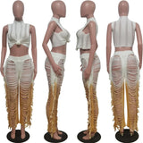 GETADME Gradient Color Crochet Two Piece Set for Women Summer Beach Crop Top and Wide Leg Pants Tassel Hollow Out Hole Vacation Outfits