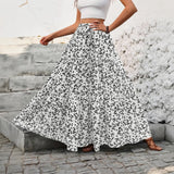 GETADME Women High Waist Floral Print A-Line Three Tiered Maxi Skirt Long Ruffle Trim Boho Summer Vacation Holiday Skirt Vestidos