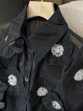 GETADME Spring Summer Long Sleeve Sequins Petals Applique White Beige Mesh Shirts and Blouses For Women Sexy See- through Tops