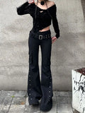 GETADME Retro New Pure Black Rivet Design Belt Decorative Slim Pants for Women Y2K Harajuku Goth Low-Waisted Flared Pants