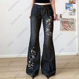 GETADME Women's Floral Embroidered Jeans Spring and Autumn Retro Low-Rise Flared Pants Loose Knit Basic Style All-match Streetwear 2000s