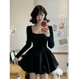 Getadme-Y2K Black Mini Dress Women Korean Square Collar Long Sleeve One Pieces Dresses Party Prom Elegant Bodycon A Line Vestidos
