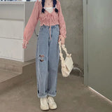 Getadme- Heart Ripped Jeans Women Korean Style High Waist Light Blue Straight Pants Woman Trendy Student Wide Leg Denim Pants