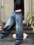 GETADME 2025 Grunge Y2K Streetwear Washed Blue Baggy Pleated Jeans Pants For Women Clothing Distressed Wide Leg Loose Old Lady Trousers