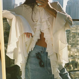 GETADME Tencel Lotus Leaf Chiffon Top, Loose Cardigan, Flared Sleeve, European and American, Autumn, 2025