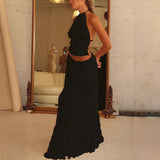 GETADME 2025 Summer Party Elegant Women Beach Skirt Suit Sleeveless Backless Cropped Halter Lace Up Tops And Long Skirts Two Piece Sets