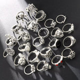 GETADME 24Pcs/Set Punk Gothic Rings Sets Silver Color Skeleton Spider Poker Joker Eyes Heart Rings For Men Fashion Hip Hop Jewelry Gifts