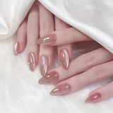 GETADME 24Pcs Metallic Cat Eye French Sheer Manicure Tip Art Textured 3D Acrylic False Nails Nude Pink Almond Medium Press on Fake Nails