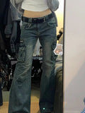 Getadme-Cargo Pants Women Fashion Big Pocket Femme Flare Pants Spring New Casual Mopping Denim Trousers Vintage Y2k Baggy Jeans