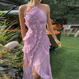 GETADME Elegant Purple Halter A Line Prom Gowns Ruffles Tiered Backless Party Gown Summer Vacation Chiffon Long Evening Dress