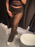 GETADME Bead Embroidery Sequin Women Pants Snowflake See Through Straight Thin High Waist Fashion Trousers 2025 Summer Street Party Pant