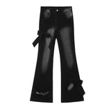 GETADME New Women Black Gothic Bow Flare Jeans Harajuku Aesthetic Y2K Denim Trousers High Waist Cowboy Pant Vintage 2000s Trashy Clothes