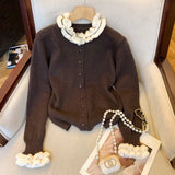 GETADME Vintage Ruffles Knitted Cardigan Women Harajuku Cropped Sweater Outerwears Korean Patchwork Knitwears Winter Long Sleeve Jumpers