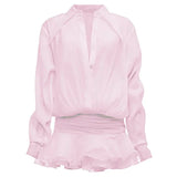 GETADME 툴라로즈 쉬폰 시스루 미니 드레스 여성 캐주얼 루즈 캐주얼 셔츠 드레스 화이트 러플 긴팔 파티 클럽 숏 드레스