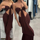 GETADME Low Cut Sexy Strapless Hollow Out Solid Ribbon Long Dresses Women Bodycon Fashion High Waist Slim Summer Club Vestidos