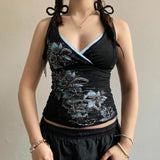 GETADME American retro style black printed suspender vest women T-shirt y2k millennium goth slim V-neck fashion top
