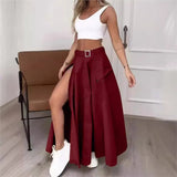 GETADME 여성 패션 솔리드 캐주얼 하이웨이스트 스커트 세트 여름 화이트 탱크 지퍼 장식 벨트 포켓 하이 슬릿 맥시 스커트 세트