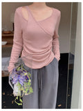Getadme-Autumn High Stretch Tees Women Chic Off Shoulders Knitted Pullovers Slim Sweaters Full Sleeve Office Lady T-Shirts