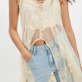 GETADME Women Sheer Maxi Lace Tanks Spaghetti Strap Mesh Tie Front Long Camisole Boho Flowy Floral See Through Coquette Layering Tops