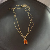 GETADME Vintage Brown Natural Stone Pendant Necklace for Women Fashion Geometric Long Leather Rope Necklace Sweater Chain Jewelry Gifts