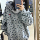GETADME Vintage Zip Up Hoodie College Women Sweatshirts Flower Full Print Jacket Loose Oversized Autumn Long Sleeve Tops Korean Fashion