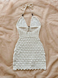 GETADME Women's V-Neck Strapless Dress, Hollow Out, Wooden Bead, Slim Fit, Gradient Color, Knitted, Sexy, Vacation Wear