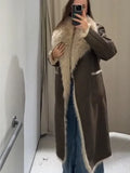 GETADME Double Sided Woolen Long Coat Long Fur Leather Patchwork Warm Thicken Lapel Wear On Both Sides Overcoat Women Fluffy Outwear Top