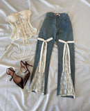 GETADME American Sweetheart Style Deep Blue Mint Green Lace Jeans Y2k Harajuku Splicing Bow Decoration High Waist Micro Bellbottom Pants